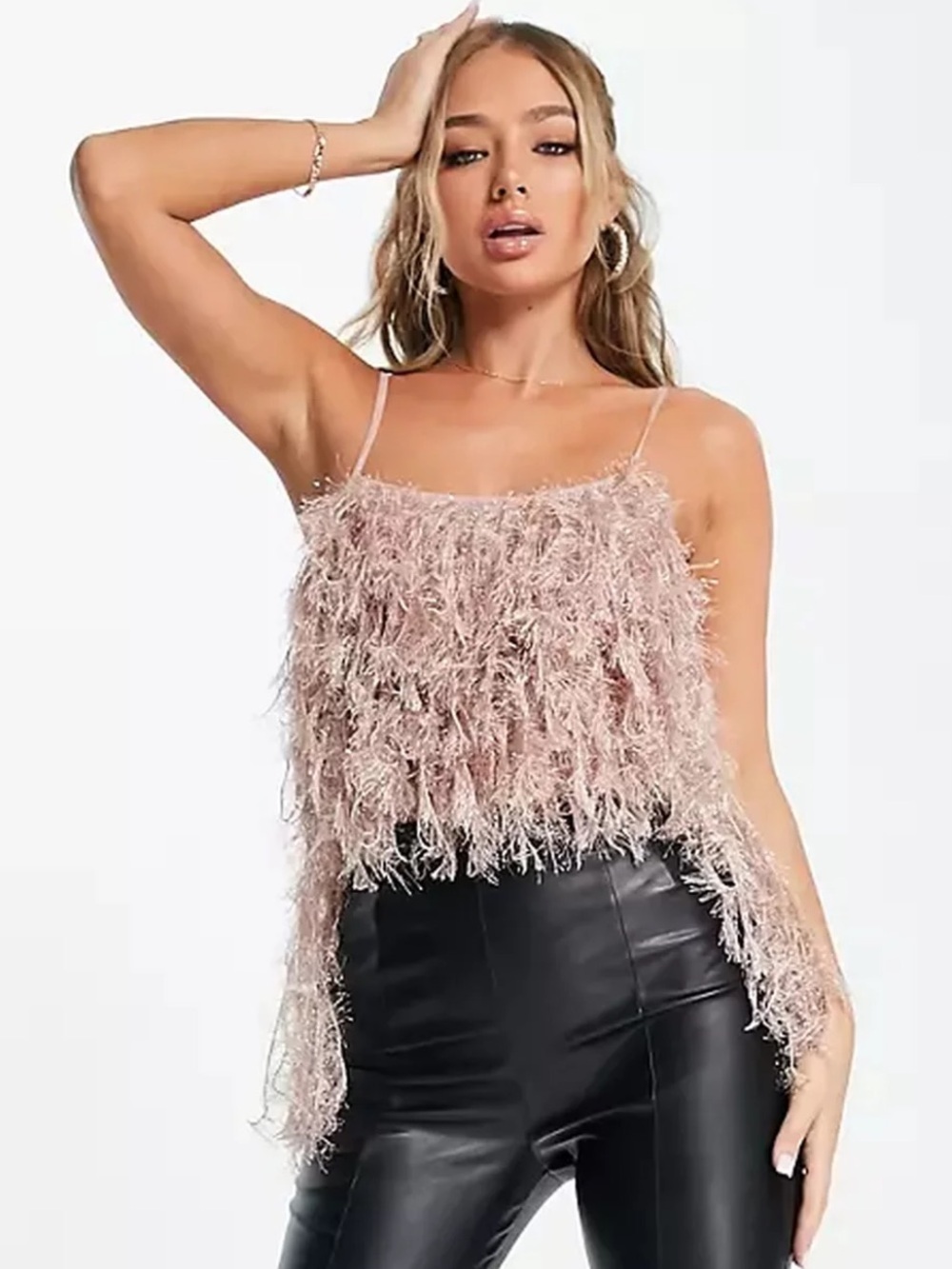 ASOS Bodysuit Faux Feather Trim Spaghetti Strap Cami Body Mink Blush Pink